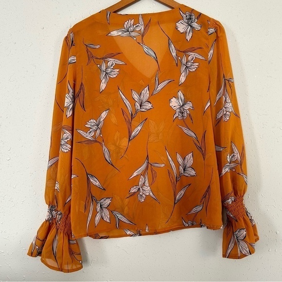 🦋 A New Day Mustard Cream Floral V-Neck Balloon Sleeve Long Sleeve Blouse Large - Picture 6 of 8